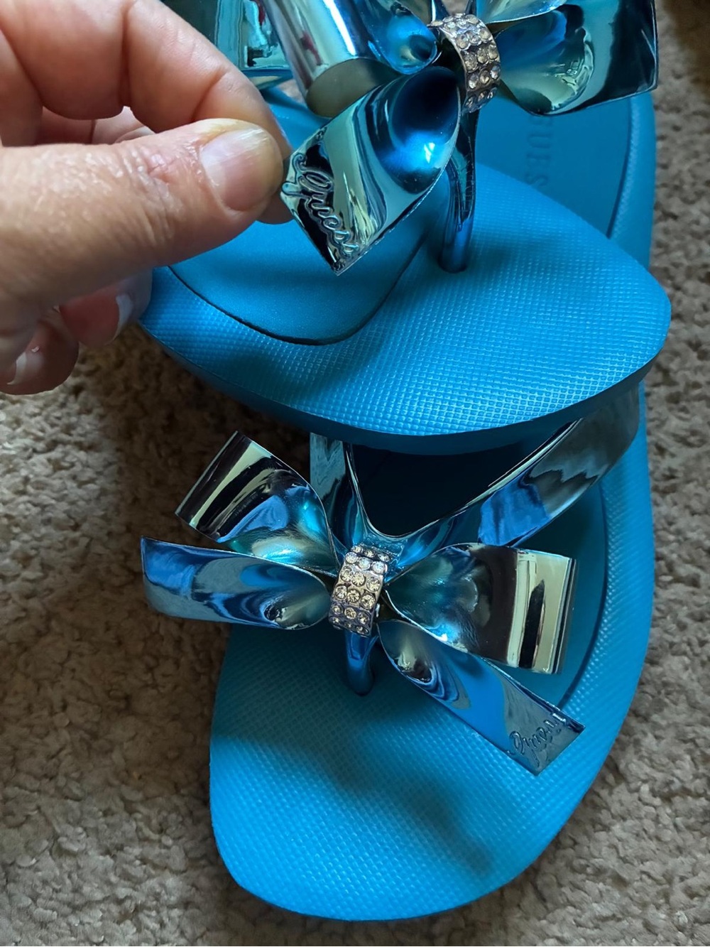 Guess Blue Bow Embellished Women's Flip Flops